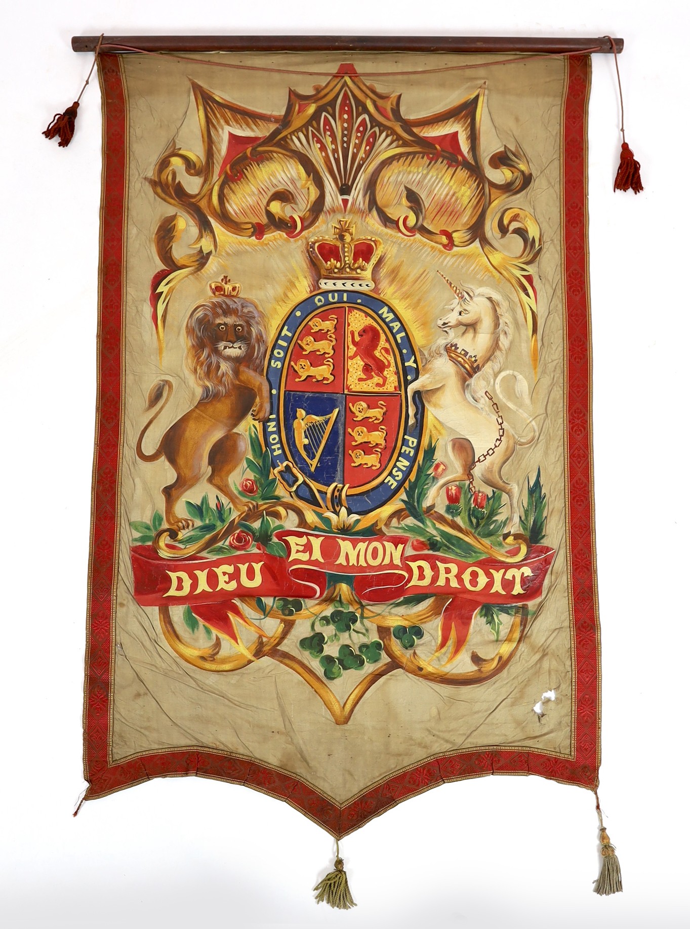 Nine mid 19th century Royal heraldic banners, each approximately 150cms x 50cm